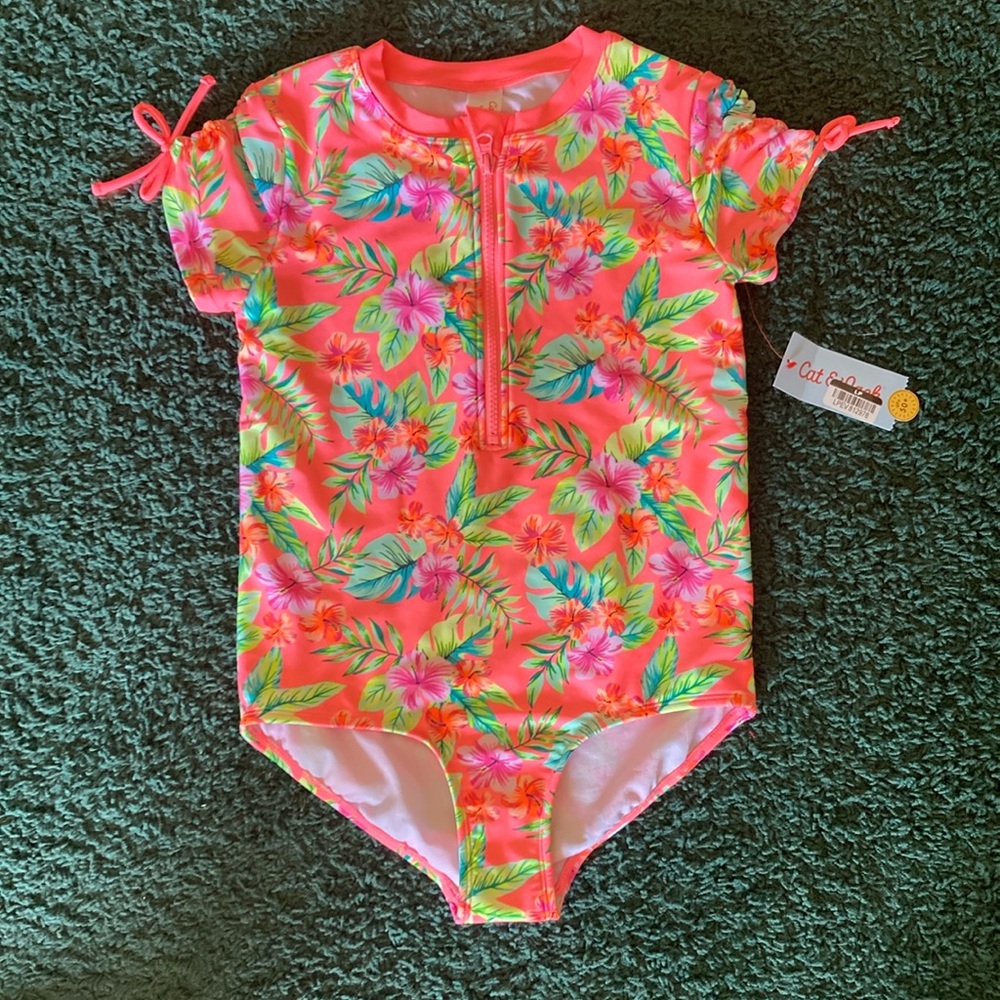NWT CAT AND JACK ONE PIECE SWIMSUIT SIZE LARGE 10/12 PLUS PINK HAWAIIAN